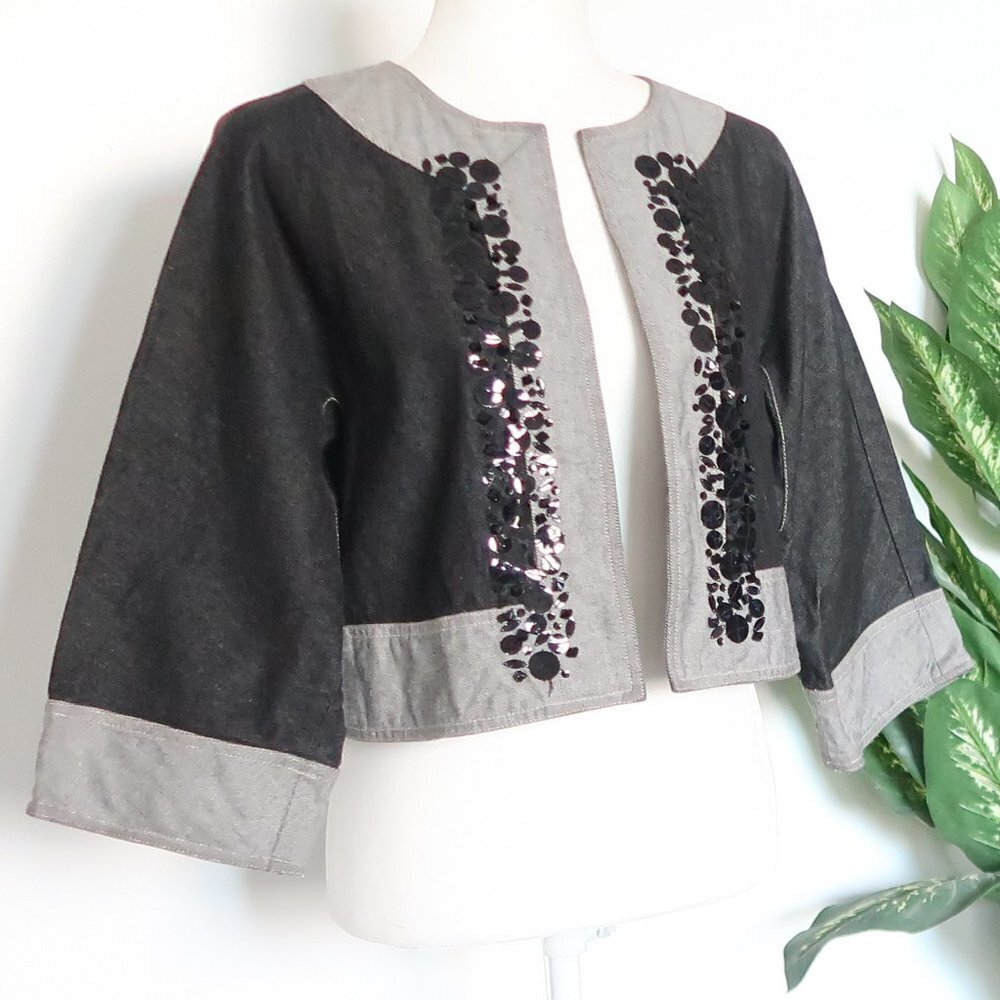 Kookai Black & Grey Jean Sequin Embellished Open Front Cropped Blazer Jacket XS